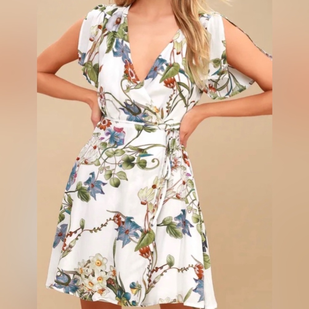 Instant Bliss Ivory Floral Print Wrap Dress